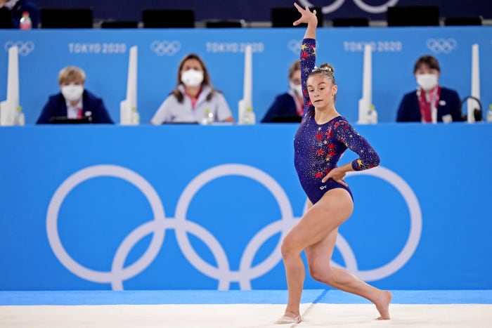 Jul 25, 2021; Tokyo, Japan; Grace McCallum (USA) competes on the floor in the womens gymnastics qualifications during the Tokyo 2020 Olympic Summer Games at Ariake Gymnastics Centre. Mandatory Credit: Danielle Parhizkaran-USA TODAY Network